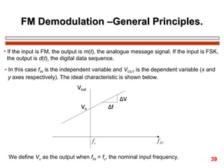 FM Demodulation –General Principles.
• If the input is FM, the output is m(t), the analogue message signal. If the input is FSK,
the output is d(t), the digital data sequence.
• In this case fIN is the independent variable and VOUT is the dependent variable (x and
y axes respectively). The ideal characteristic is shown below.

We define Vo as the output when fIN = fc, the nominal input frequency.

39

 