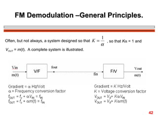 FM Demodulation –General Principles.

Often, but not always, a system designed so that K =

1
, so that Kα = 1 and
α

VOUT = m(t). A complete system is illustrated.

42

 
