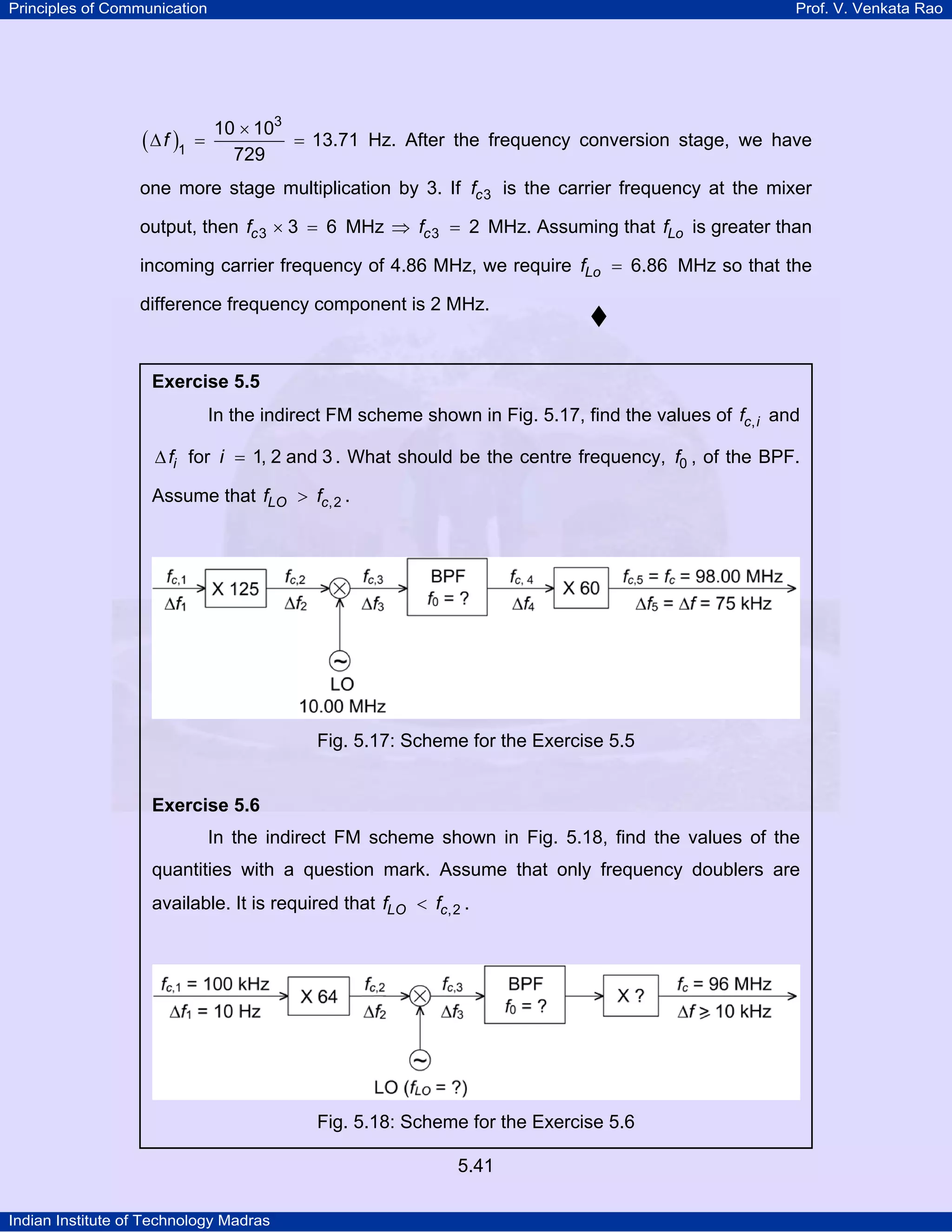 Principles of Communication Prof. V. Venkata Rao
Indian Institute of Technology Madras
5.41
( )f
3
1
10 10
13.71
729
×
∆ = = Hz. After the frequency conversion stage, we have
one more stage multiplication by 3. If cf 3 is the carrier frequency at the mixer
output, then cf 3 3 6× = MHz cf 3 2⇒ = MHz. Assuming that Lof is greater than
incoming carrier frequency of 4.86 MHz, we require Lof 6.86= MHz so that the
difference frequency component is 2 MHz.
Exercise 5.5
In the indirect FM scheme shown in Fig. 5.17, find the values of c if , and
if∆ for i 1, 2 and 3= . What should be the centre frequency, f0 , of the BPF.
Assume that LO cf f ,2> .
Fig. 5.17: Scheme for the Exercise 5.5
Exercise 5.6
In the indirect FM scheme shown in Fig. 5.18, find the values of the
quantities with a question mark. Assume that only frequency doublers are
available. It is required that LO cf f ,2< .
Fig. 5.18: Scheme for the Exercise 5.6
 