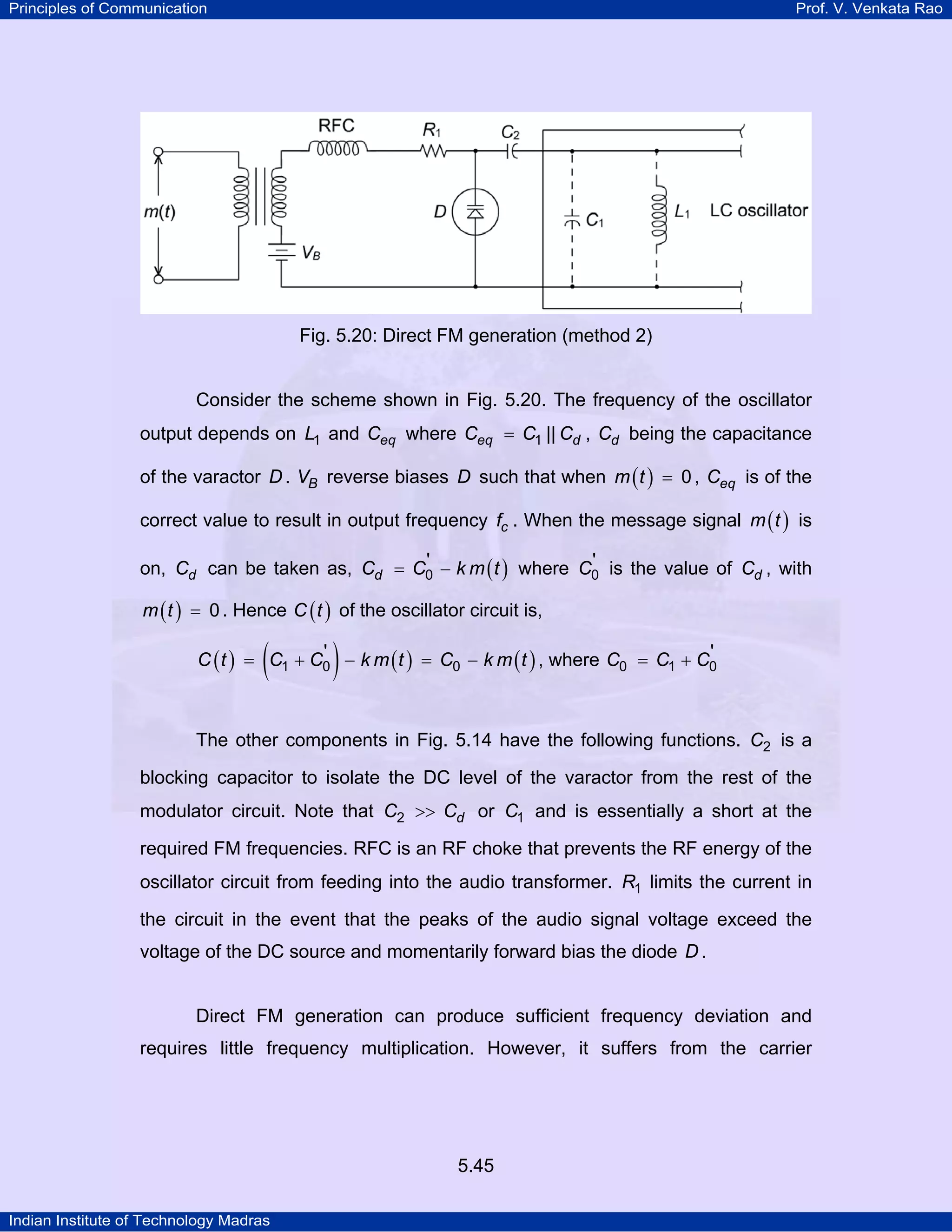 Principles of Communication Prof. V. Venkata Rao
Indian Institute of Technology Madras
5.45
Fig. 5.20: Direct FM generation (method 2)
Consider the scheme shown in Fig. 5.20. The frequency of the oscillator
output depends on L1 and eqC where eq dC C C1 ||= , dC being the capacitance
of the varactor D . BV reverse biases D such that when ( )m t 0= , eqC is of the
correct value to result in output frequency cf . When the message signal ( )m t is
on, dC can be taken as, ( )dC C k m t0
'= − where C0
' is the value of dC , with
( )m t 0= . Hence ( )C t of the oscillator circuit is,
( ) ( ) ( ) ( )C t C C k m t C k m t1 0 0
'= + − = − , where C C C0 1 0
'= +
The other components in Fig. 5.14 have the following functions. C2 is a
blocking capacitor to isolate the DC level of the varactor from the rest of the
modulator circuit. Note that dC C2 >> or C1 and is essentially a short at the
required FM frequencies. RFC is an RF choke that prevents the RF energy of the
oscillator circuit from feeding into the audio transformer. R1 limits the current in
the circuit in the event that the peaks of the audio signal voltage exceed the
voltage of the DC source and momentarily forward bias the diode D .
Direct FM generation can produce sufficient frequency deviation and
requires little frequency multiplication. However, it suffers from the carrier
 