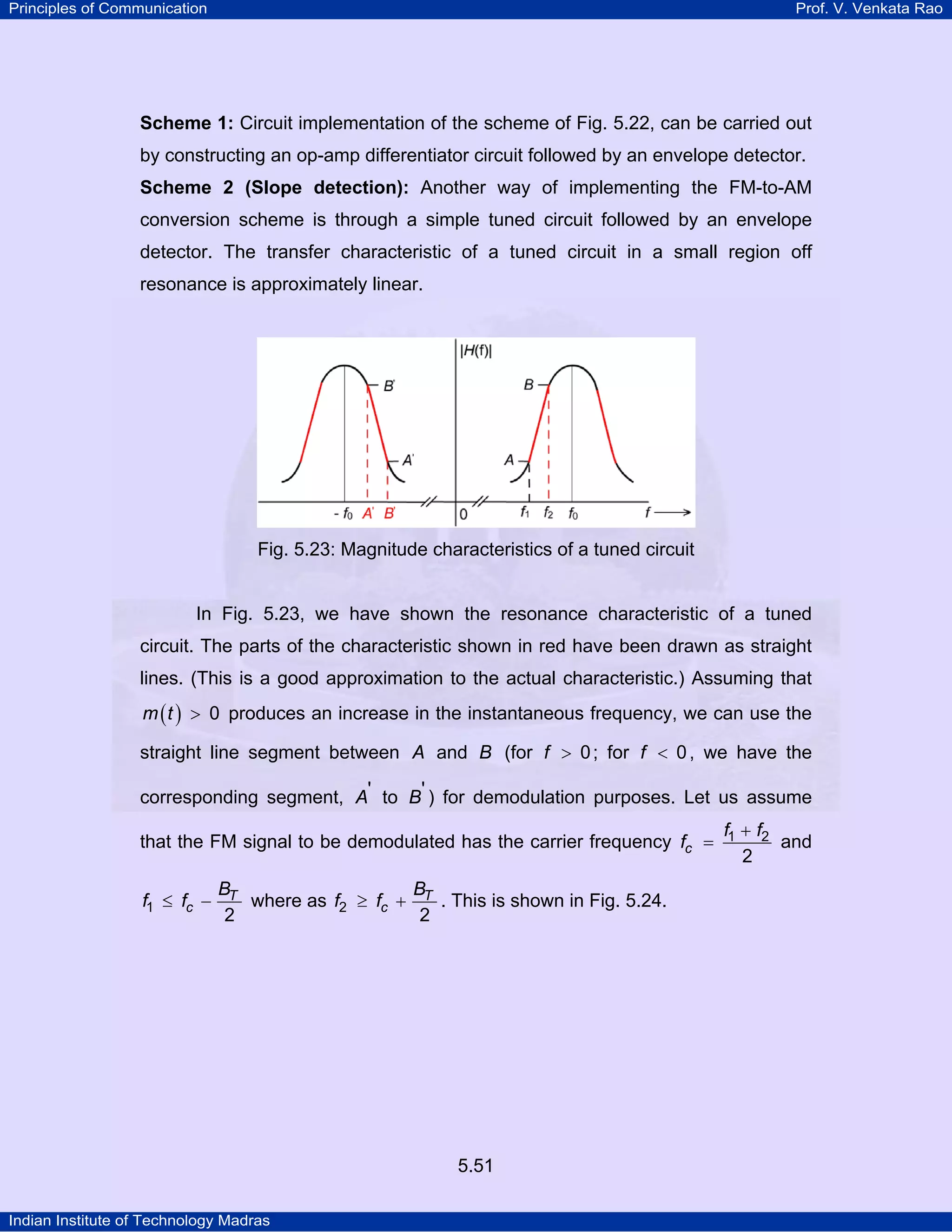 Principles of Communication Prof. V. Venkata Rao
Indian Institute of Technology Madras
5.51
Scheme 1: Circuit implementation of the scheme of Fig. 5.22, can be carried out
by constructing an op-amp differentiator circuit followed by an envelope detector.
Scheme 2 (Slope detection): Another way of implementing the FM-to-AM
conversion scheme is through a simple tuned circuit followed by an envelope
detector. The transfer characteristic of a tuned circuit in a small region off
resonance is approximately linear.
Fig. 5.23: Magnitude characteristics of a tuned circuit
In Fig. 5.23, we have shown the resonance characteristic of a tuned
circuit. The parts of the characteristic shown in red have been drawn as straight
lines. (This is a good approximation to the actual characteristic.) Assuming that
( )m t 0> produces an increase in the instantaneous frequency, we can use the
straight line segment between A and B (for f 0> ; for f 0< , we have the
corresponding segment, A' to B' ) for demodulation purposes. Let us assume
that the FM signal to be demodulated has the carrier frequency c
f f
f 1 2
2
+
= and
T
c
B
f f1
2
≤ − where as T
c
B
f f2
2
≥ + . This is shown in Fig. 5.24.
 
