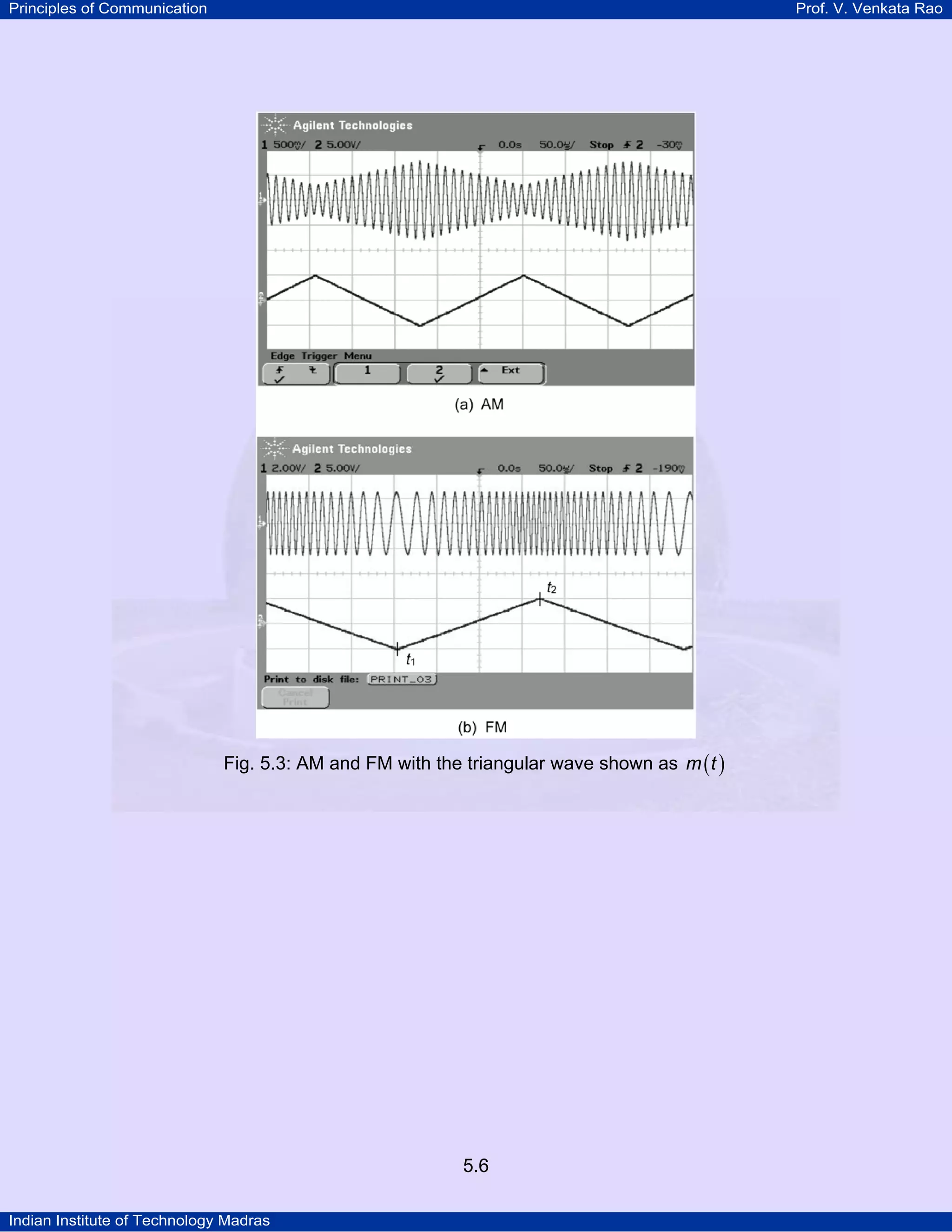 Principles of Communication Prof. V. Venkata Rao
Indian Institute of Technology Madras
5.6
Fig. 5.3: AM and FM with the triangular wave shown as ( )m t
 