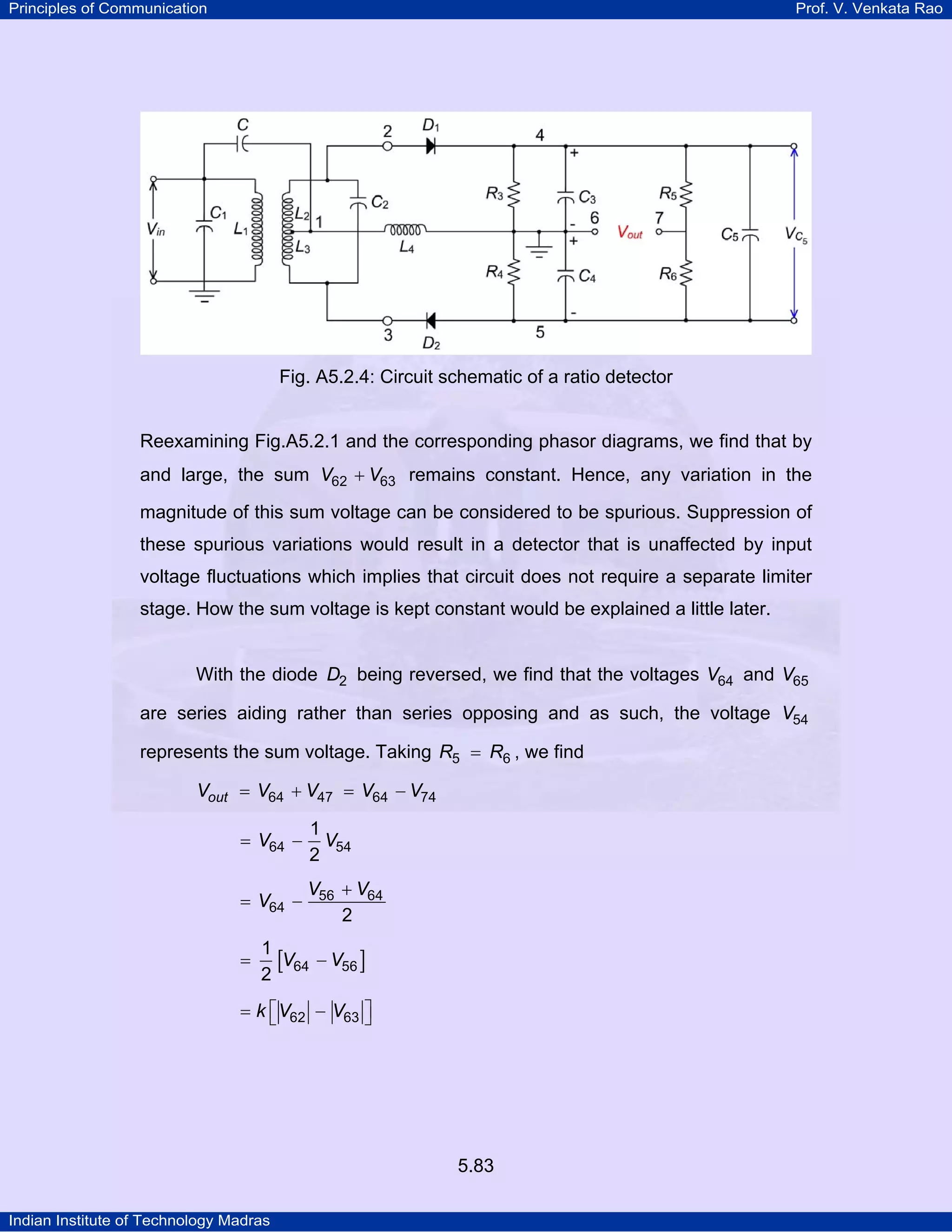 Principles of Communication Prof. V. Venkata Rao
Indian Institute of Technology Madras
5.83
Fig. A5.2.4: Circuit schematic of a ratio detector
Reexamining Fig.A5.2.1 and the corresponding phasor diagrams, we find that by
and large, the sum V V62 63+ remains constant. Hence, any variation in the
magnitude of this sum voltage can be considered to be spurious. Suppression of
these spurious variations would result in a detector that is unaffected by input
voltage fluctuations which implies that circuit does not require a separate limiter
stage. How the sum voltage is kept constant would be explained a little later.
With the diode D2 being reversed, we find that the voltages V64 and V65
are series aiding rather than series opposing and as such, the voltage V54
represents the sum voltage. Taking R R5 6= , we find
outV V V V V64 47 64 74= + = −
V V64 54
1
2
= −
V V
V 56 64
64
2
+
= −
[ ]V V64 56
1
2
= −
k V V62 63⎡ ⎤= −⎣ ⎦
 