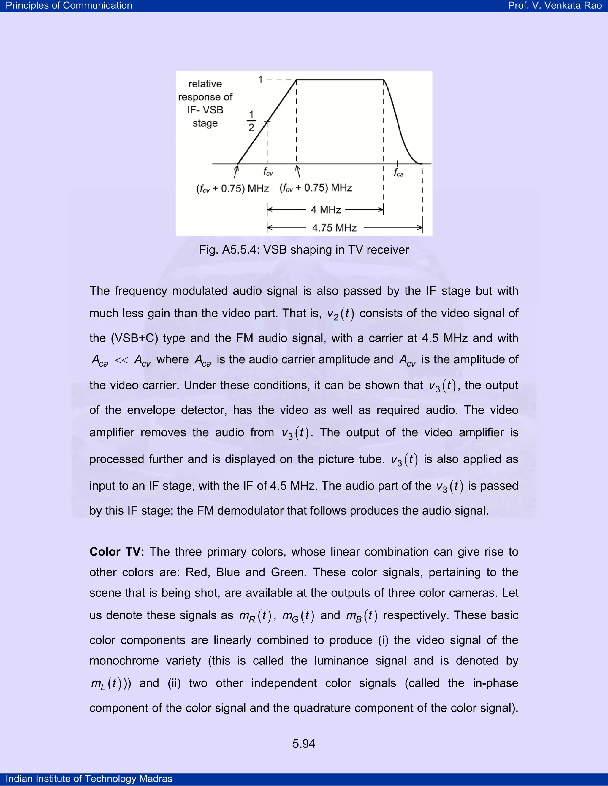 Principles of Communication Prof. V. Venkata Rao
Indian Institute of Technology Madras
5.94
Fig. A5.5.4: VSB shaping in TV receiver
The frequency modulated audio signal is also passed by the IF stage but with
much less gain than the video part. That is, ( )v t2 consists of the video signal of
the (VSB+C) type and the FM audio signal, with a carrier at 4.5 MHz and with
ca cvA A<< where caA is the audio carrier amplitude and cvA is the amplitude of
the video carrier. Under these conditions, it can be shown that ( )v t3 , the output
of the envelope detector, has the video as well as required audio. The video
amplifier removes the audio from ( )v t3 . The output of the video amplifier is
processed further and is displayed on the picture tube. ( )v t3 is also applied as
input to an IF stage, with the IF of 4.5 MHz. The audio part of the ( )v t3 is passed
by this IF stage; the FM demodulator that follows produces the audio signal.
Color TV: The three primary colors, whose linear combination can give rise to
other colors are: Red, Blue and Green. These color signals, pertaining to the
scene that is being shot, are available at the outputs of three color cameras. Let
us denote these signals as ( )Rm t , ( )Gm t and ( )Bm t respectively. These basic
color components are linearly combined to produce (i) the video signal of the
monochrome variety (this is called the luminance signal and is denoted by
( )Lm t )) and (ii) two other independent color signals (called the in-phase
component of the color signal and the quadrature component of the color signal).
 