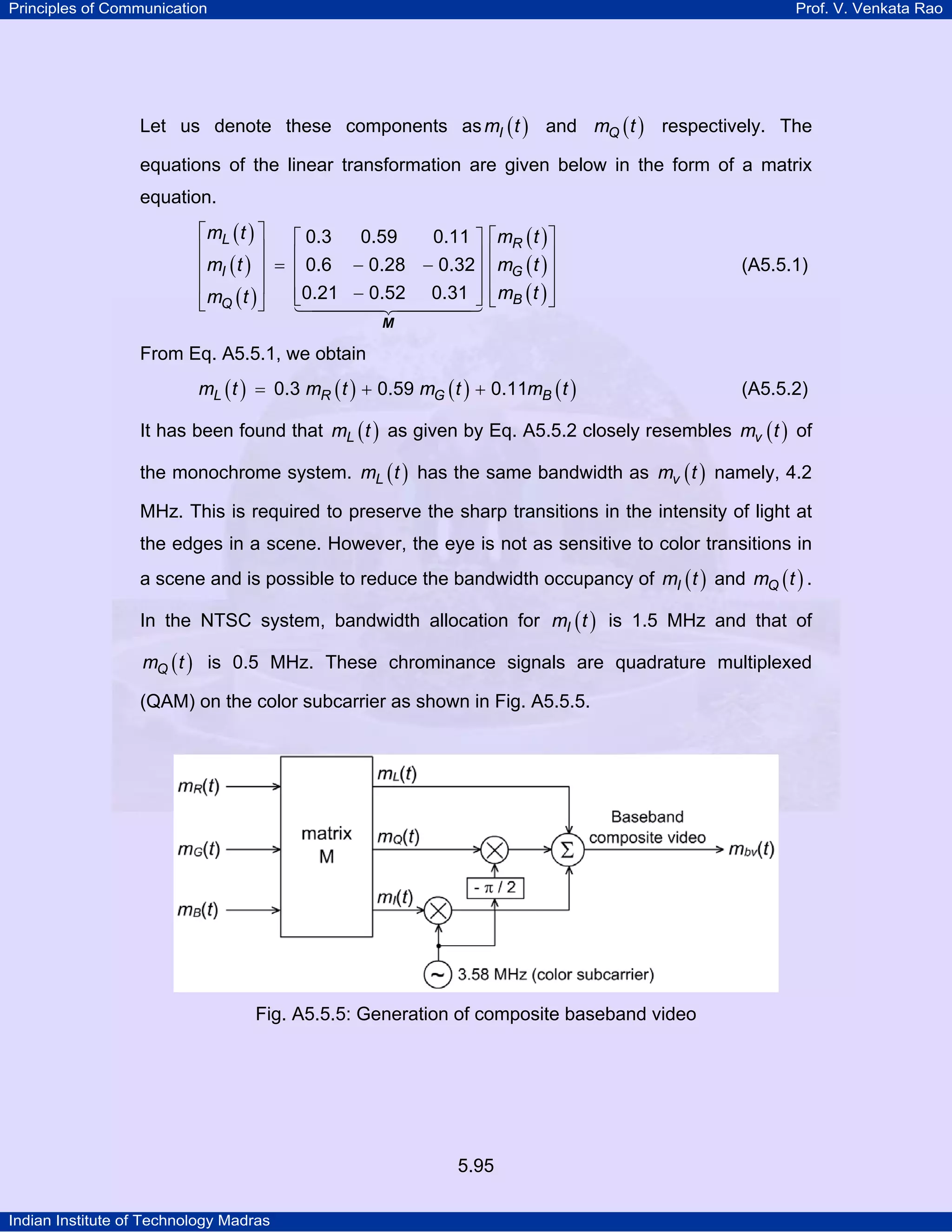 Principles of Communication Prof. V. Venkata Rao
Indian Institute of Technology Madras
5.95
Let us denote these components as ( )Im t and ( )Qm t respectively. The
equations of the linear transformation are given below in the form of a matrix
equation.
( )
( )
( )
( )
( )
( )
L R
I G
BQ
m t m t
m t m t
m tm t
0.3 0.59 0.11
0.6 0.28 0.32
0.21 0.52 0.31
⎡ ⎤ ⎡ ⎤⎡ ⎤
⎢ ⎥ ⎢ ⎥⎢ ⎥= − −⎢ ⎥ ⎢ ⎥⎢ ⎥
⎢ ⎥ ⎢ ⎥⎢ ⎥−⎣ ⎦ ⎣ ⎦⎣ ⎦
M
(A5.5.1)
From Eq. A5.5.1, we obtain
( ) ( ) ( ) ( )L R G Bm t m t m t m t0.3 0.59 0.11= + + (A5.5.2)
It has been found that ( )Lm t as given by Eq. A5.5.2 closely resembles ( )vm t of
the monochrome system. ( )Lm t has the same bandwidth as ( )vm t namely, 4.2
MHz. This is required to preserve the sharp transitions in the intensity of light at
the edges in a scene. However, the eye is not as sensitive to color transitions in
a scene and is possible to reduce the bandwidth occupancy of ( )Im t and ( )Qm t .
In the NTSC system, bandwidth allocation for ( )Im t is 1.5 MHz and that of
( )Qm t is 0.5 MHz. These chrominance signals are quadrature multiplexed
(QAM) on the color subcarrier as shown in Fig. A5.5.5.
Fig. A5.5.5: Generation of composite baseband video
 