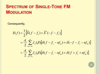 SPECTRUM OF SINGLE-TONE FM
MODULATION
 
 
 








n
mcmcn
c
n
mcmcn
c
cc
nfffnfffJ
A
nfffnfffJ
A
ffSffSfS
)()()(
2
)()()(
2
)(
~
)(
~
2
1
)( *


Consequently,
15
 