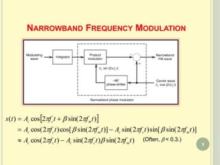NARROWBAND FREQUENCY MODULATION
 
)2sin()2sin()2cos(
)]2sin(sin[)2sin()]2sin(cos[)2cos(
)2sin(2cos)(
tftfAtfA
tftfAtftfA
tftfAts
mcccc
mccmcc
mcc






(Often,  < 0.3.)
9
 