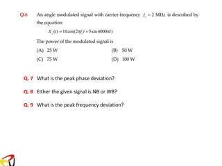 Q. 7 What is the peak phase deviation?
Q. 8 Either the given signal is NB or WB?
Q. 9 What is the peak frequency deviation?
 