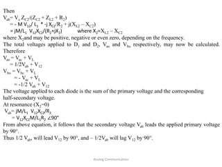 Analog Communication
Then
Vab= Vs ZC2/(ZC2 + ZL2 + R2)
= - M V12/ L1 * -j XC2/R2 + j(XL2 – XC2)
= jM/L1 V12XC2/(R2+jX2) where X2=XL2 – XC2
where X2and may be positive, negative or even zero, depending on the frequency.
The total voltages applied to D1 and D2, Vao and Vbo respectively, may now be calculated.
Therefore
Vao = Vac + VL
= 1/2Vab + V12
Vbo = Vbc + VL
= - Vac + VL
= -1/2 Vab + V12
The voltage applied to each diode is the sum of the primary voltage and the corresponding
half-secondary voltage.
At resonance (X2=0)
Vab= jM/L1 V12XC2/R2
= V12XC2M/L1R2 ∠90°
From above equation, it follows that the secondary voltage Vab leads the applied primary voltage
by 90°.
Thus 1/2 Vab, will lead V12 by 90°, and – 1/2Vab will lag V12 by 90°.
 