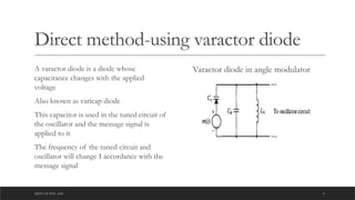 DEPT OF ECE ,ASE 4
Direct method-using varactor diode
A varactor diode is a diode whose
capacitance changes with the applied
voltage
Also known as varicap diode
This capacitor is used in the tuned circuit of
the oscillator and the message signal is
applied to it
The frequency of the tuned circuit and
oscillator will change I accordance with the
message signal
Varactor diode in angle modulator
 