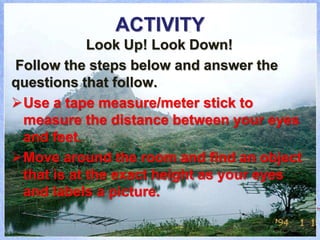 ACTIVITY
Look Up! Look Down!
Follow the steps below and answer the
questions that follow.
Use a tape measure/meter stick to
measure the distance between your eyes
and feet.
Move around the room and find an object
that is at the exact height as your eyes
and labels a picture.
 