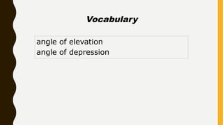 angle of elevation
angle of depression
Vocabulary
 