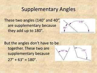 Supplementary AnglesThese two angles (140° and 40°) are supplementary because they add up to 180°. But the angles don't have to be together.These two are supplementary because27° + 63° = 180°.