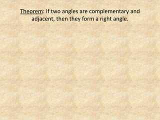 Theorem: If two angles are complementary and adjacent, then they form a right angle.