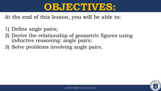 OBJECTIVES:
At the end of this lesson, you will be able to:
1) Define angle pairs;
2) Derive the relationship of geometric figures using
inductive reasoning: angle pairs;
3) Solve problems involving angle pairs.
 