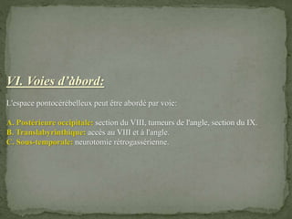 VI. Voies d’’abord:
L'espace pontocérébelleux peut être abordé par voie:
A. Postérieure occipitale: section du VIII, tumeurs de l'angle, section du IX.
B. Translabyrinthique: accès au VIII et à l'angle.
C. Sous-temporale: neurotomie rétrogassérienne.
 