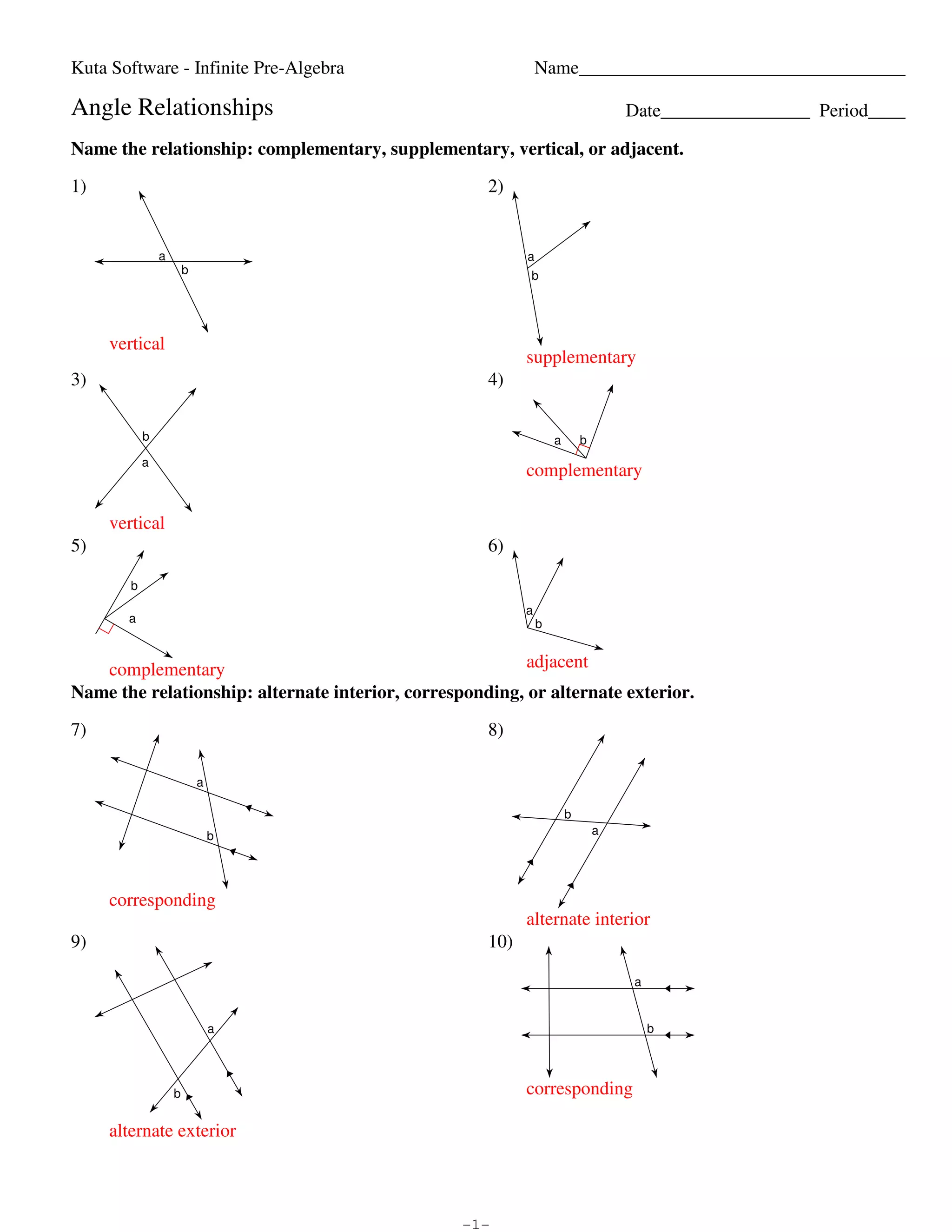 Kuta Software - Infinite Pre-Algebra                                                                                                              Name___________________________________

                             Angle Relationships                                                                                                                                                   Date________________ Period____

                             Name the relationship: complementary, supplementary, vertical, or adjacent.

                             1)                                                                                                                                      2)


                                                                 a                                                                                                         a
                                                                           b                                                                                               b




                                             vertical
                                                                                                                                                                           supplementary
                             3)                                                                                                                                      4)

                                                          b                                                                                                                        a       b
                                                          a
                                                                                                                                                                           complementary

                                             vertical
                             5)                                                                                                                                      6)

                                                      b
                                                                                                                                                                           a
                                                     a                                                                                                                         b


                                complementary                                          adjacent
                             Name the relationship: alternate interior, corresponding, or alternate exterior.

                             7)                                                                                                                                      8)

                                                                                 a

                                                                                                                                                                                       b
                                                                                     b                                                                                                         a




                                             corresponding
                                                                                                                                                                           alternate interior
                             9)                                                                                                                                      10)

                                                                                                                                                                                                   a


                                                                                     a                                                                                                                 b




                                                                       b                                                                                                   corresponding

                                             alternate exterior



©q 62Z0P1N1o 5KhuatQap pS8otfItvwIa2r3e0 vLVLkCH.h 9 QAZleli trBiTgVh0tTse frOeEsMeprkvAe1dt.W G TMHaYdVeF fwFiRtThe lIznsf9iqnwigttew gPlrjef-JAwltgJeNbqrzak.l   -1-                                                  Worksheet by Kuta Software LLC
 