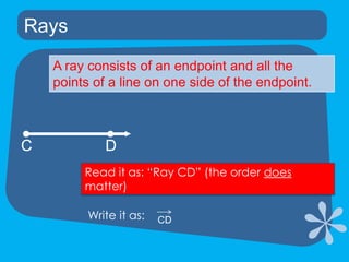 RaysA ray consists of an endpoint and all the points of a line on one side of the endpoint.CDRead it as: “Ray CD” (the order does matter)Write it as:CD