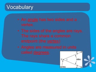 VocabularyAn angle has two sides and a vertex.The sides of the angles are rays. The rays share a common endpoint (the vertex)Angles are measured in units called degrees.