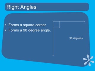 Right AnglesForms a square cornerForms a 90 degree angle.90 degrees