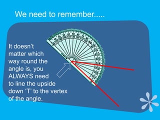 We need to remember.....It doesn’t matter which way round the angle is, you ALWAYS need to line the upsidedown ‘T’ to the vertexof the angle.