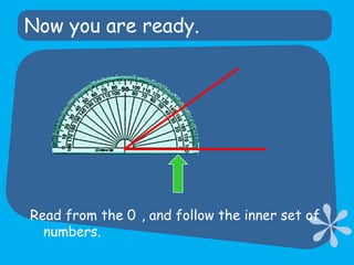 Now you are ready.Read from the 0°, and follow the inner set of numbers.