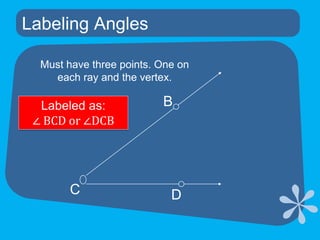 Labeling AnglesMust have three points. One on each ray and the vertex.BLabeled as: ∠ BCD or ∠DCBCD
