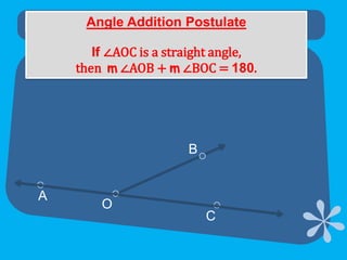 Postulates.Angle Addition PostulateIf ∠AOC is a straight angle, then  m ∠AOB + m ∠BOC = 180.BAOC