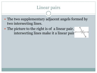 Linear pairsThe two supplementary adjacent angels formed by two intersecting lines.The picture to the right is of  a linear pair. The 	intersecting lines make it a linear pair.