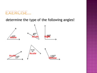 determine the type of the following angles!



  Acute         Acute   Right




              Acute
  Acute
                           Obtuse
 