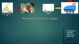 Acute –r little and 
cute 
Obtuse –obese: 
bigger 
The square in 
the angle 
means it is a 
right-angle. 
 