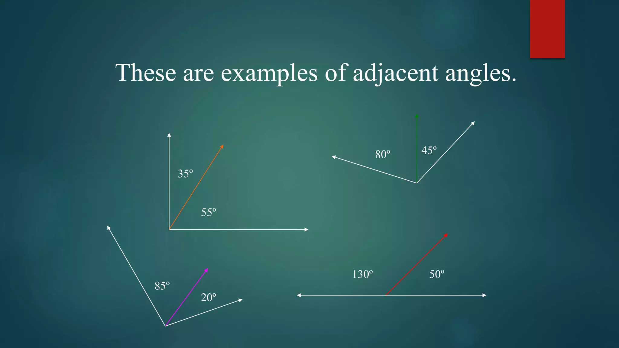 These are examples of adjacent angles.
55º
35º
50º130º
80º 45º
85º
20º
 