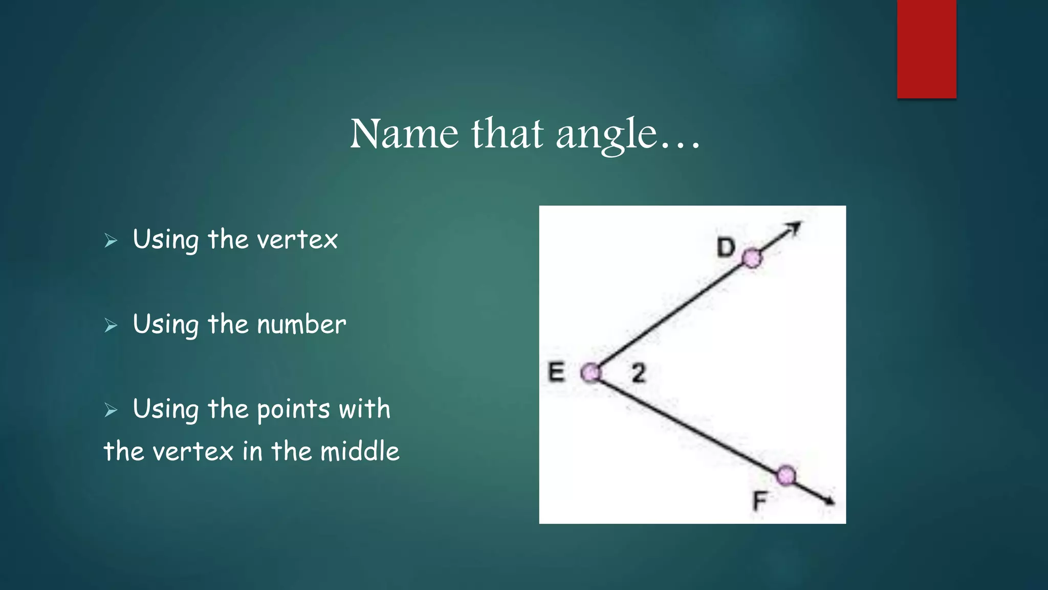 Name that angle…
 Using the vertex
 Using the number
 Using the points with
the vertex in the middle
 