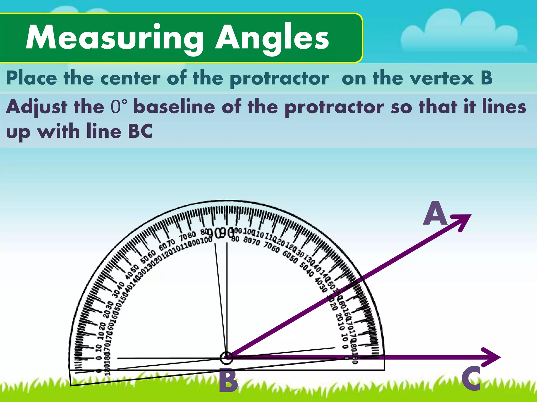 Measuring Angles
Place the center of the protractor on the vertex B
A
B C
Adjust the 0&deg; baseline of the protractor so that it lines
up with line BC
 
