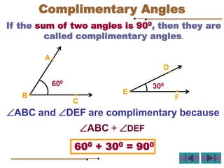 If the sum of two angles is 900, then they are
called complimentary angles.
600
A
B
C
300
D
E
F
ABC and DEF are complimentary because
600 + 300 = 900
ABC + DEF
Complimentary Angles
 