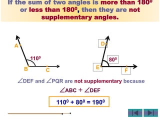 If the sum of two angles is more than 1800
or less than 1800, then they are not
supplementary angles.
DEF and PQR are not supplementary because
ABC + DEF
1100 + 800 = 1900
D
E
F
800
C
B
A
1100
 