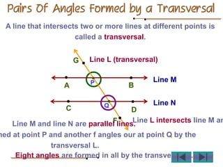 A line that intersects two or more lines at different points is
called a transversal.
Line L (transversal)
B
A
Line M
Line N
D
C
P
Q
G
F
Pairs Of Angles Formed by a Transversal
Line M and line N are parallel lines.
Line L intersects line M an
med at point P and another f angles our at point Q by the
transversal L.
Eight angles are formed in all by the transversal L.
 