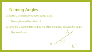 Naming Angles
• Using the ∠ symbol only with the vertex point.
The angle would be called ∠B.
• By using the ∠ symbol followed by the letter or number between the angle.
This would be ∠1. A
B
C
1
 