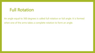 Full Rotation
An angle equal to 360 degrees is called full rotation or full angle. It is formed
when one of the arms takes a complete rotation to form an angle.
 