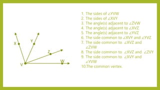 1. The sides of ∠YVW
2. The sides of ∠XVY
3. The angle(s) adjacent to ∠ZVW
4. The angle(s) adjacent to ∠XVZ
5. The angle(s) adjacent to ∠YVZ
6. The side common to ∠XVY and ∠YVZ
7. The side common to ∠XVZ and
∠ZVW
8. The side common to ∠XVZ and ∠ZVY
9. The side common to ∠XVY and
∠YVW
10.The common vertex.
 