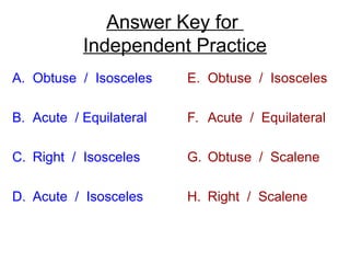 Answer Key for
Independent Practice
A. Obtuse / Isosceles
B. Acute / Equilateral
C. Right / Isosceles
D. Acute / Isosceles
E. Obtuse / Isosceles
F. Acute / Equilateral
G. Obtuse / Scalene
H. Right / Scalene
 