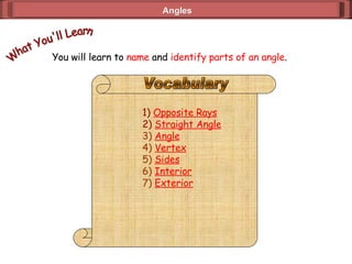 Angles You will learn to  name  and  identify parts of an angle . What You'll Learn 1)  Opposite Rays 2)  Straight Angle 3)   Angle 4)  Vertex 5)  Sides 6)  Interior 7)  Exterior Vocabulary 