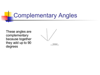Complementary Angles These angles are complementary because together they add up to 90 degrees 