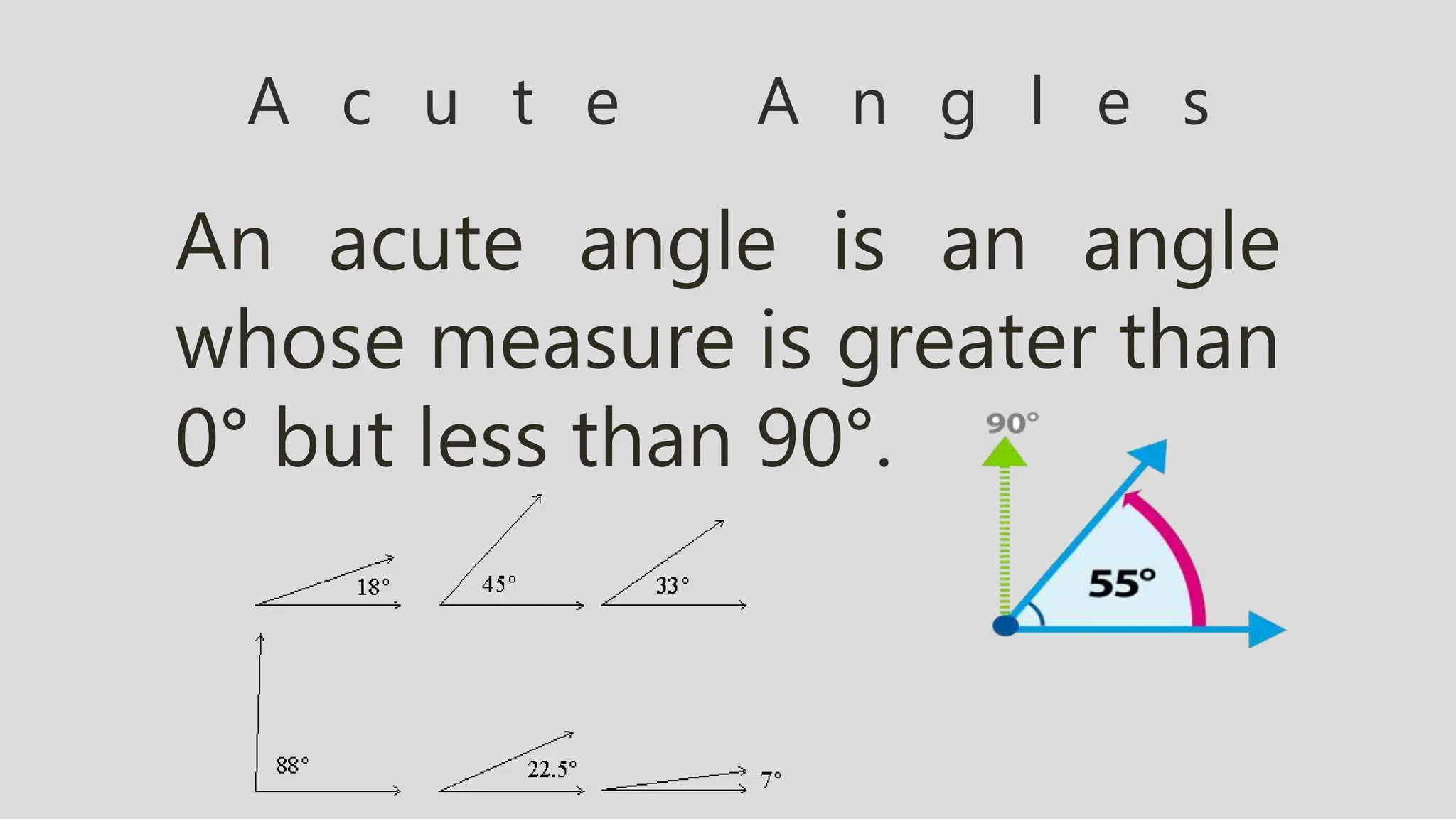 A c u t e A n g l e s
An acute angle is an angle
whose measure is greater than
0° but less than 90°.
 