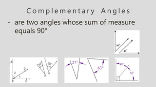 C o m p l e m e n t a r y A n g l e s
- are two angles whose sum of measure
equals 90°
 