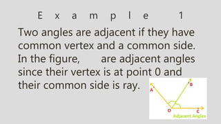 E x a m p l e 1
Two angles are adjacent if they have
common vertex and a common side.
In the figure, are adjacent angles
since their vertex is at point 0 and
their common side is ray.
 