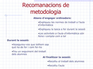 Recomanacions de metodologia Abans d’engegar ordinadors: Expliqueu les normes de treball a l’aula d’informàtica Expliqueu la tasca a fer durant la sessió Les activitats a l’aula d’informàtica són feina i compta com a tal Durant la sessió: Assegureu-vos que tothom sap què ha de fer i com fer-ho Feu un seguiment del treball dels alumnes Al finalitzar la sessió: Recolliu el treball dels alumnes Recolliu l’aula  