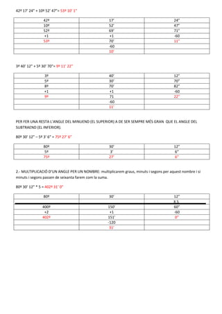42º 17’ 24” + 10º 52’ 47”= 53º 10’ 1”
42º
10º
52º
+1
53º

17’
52’
69’
+1
70’
-60
10’

24”
47”
71”
-60
11”

40’
30’
70’
+1
71
-60
11’

12”
70”
82”
-60
22”

3º 40’ 12” + 5º 30’ 70”= 9º 11’ 22”
3º
5º
8º
+1
9º

PER FER UNA RESTA L’ANGLE DEL MINUEND (EL SUPERIOR) A DE SER SEMPRE MÉS GRAN QUE EL ANGLE DEL
SUBTRAEND (EL INFERIOR).
80º 30’ 12” – 5º 3’ 6” = 75º 27’ 6”
80º
5º
75º

30’
3’
27’

12”
6”
6”

2.- MULTIPLICACIÓ D’UN ANGLE PER UN NOMBRE: multiplicarem graus, minuts i segons per aquest nombre i si
minuts i segons passen de seixanta farem com la suma.
80º 30’ 12” * 5 = 402º 31’ 0”
80º

30’

400º
+2
402º

150’
+1
151’
-120
31’

12”
X5
60”
-60
0”

 