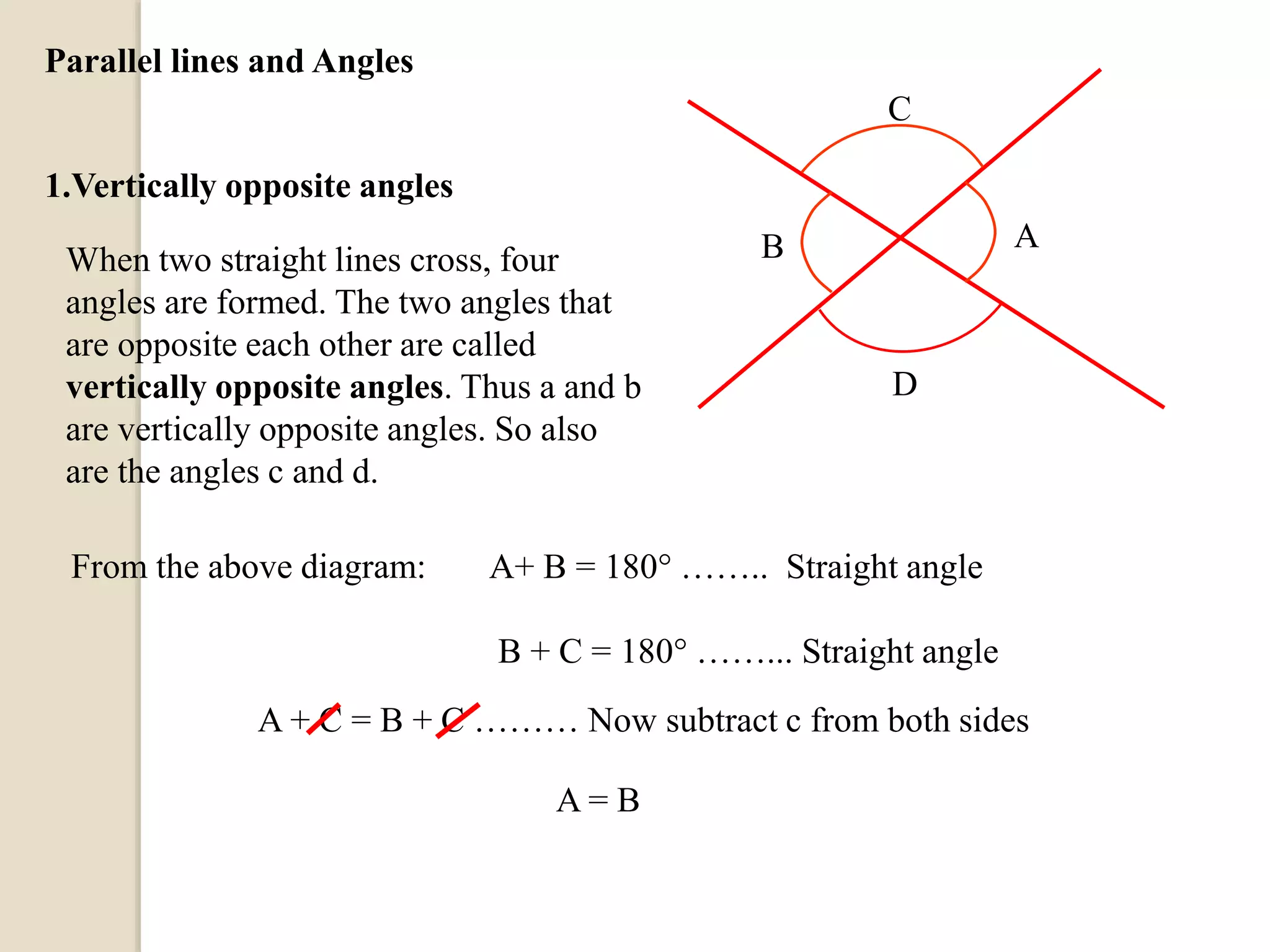 Parallel lines and Angles
1.Vertically opposite angles
When two straight lines cross, four
angles are formed. The two angles that
are opposite each other are called
vertically opposite angles. Thus a and b
are vertically opposite angles. So also
are the angles c and d.
From the above diagram:
AB
C
D
A+ B = 180 …….. Straight angle
B + C = 180 ……... Straight angle
A + C = B + C ……… Now subtract c from both sides
A = B
 