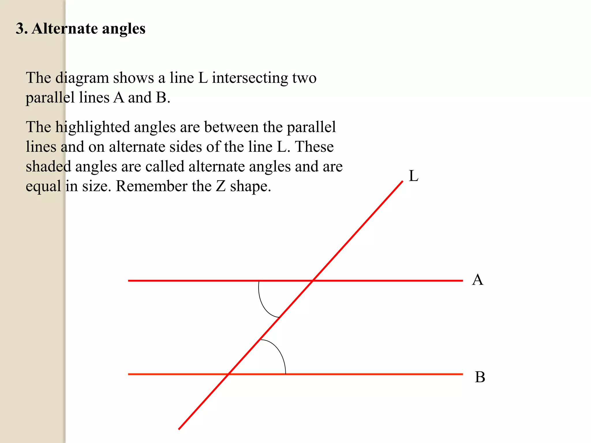 3. Alternate angles
The diagram shows a line L intersecting two
parallel lines A and B.
The highlighted angles are between the parallel
lines and on alternate sides of the line L. These
shaded angles are called alternate angles and are
equal in size. Remember the Z shape.
A
B
L
 